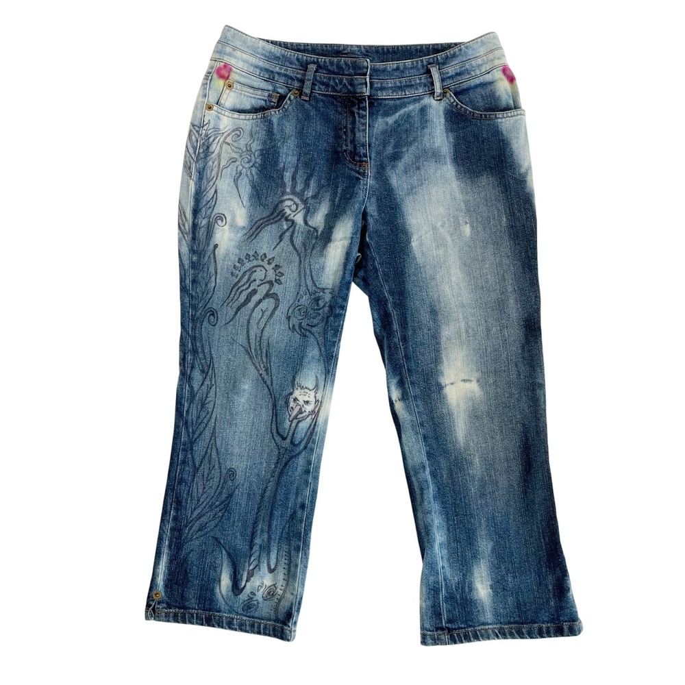 Vintage Hand Drawn Custom Y2K Cropped Jeans Art Distressed Streetwear - Size 6P